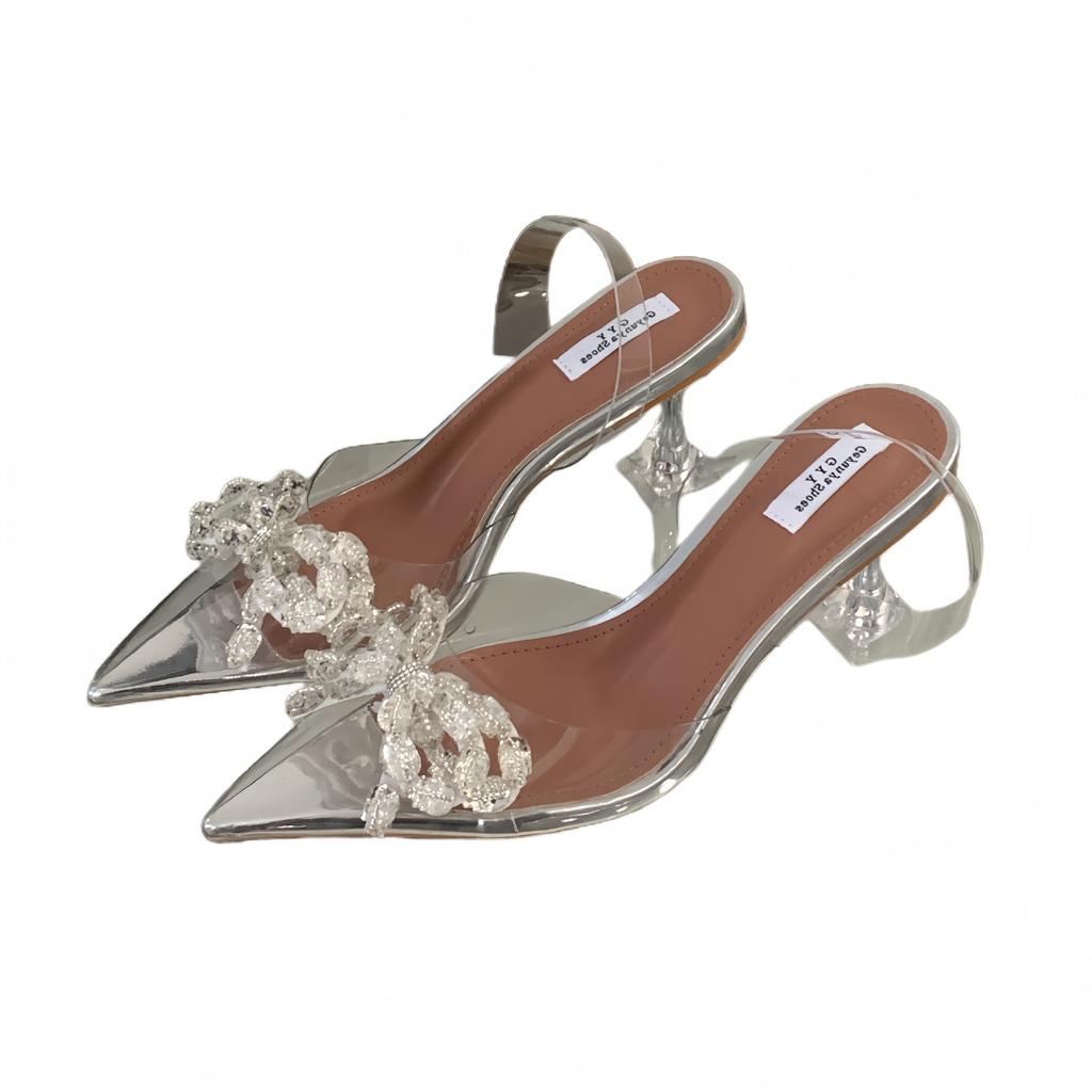 2025 Rhinestone Bow Transparent Crystal Root High Heel Sandals Fairy Bag Head Female Shoes Spot 35-40