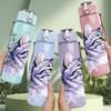 1PC Fluffy Grey Cat Floral Pattern 750ml Color Plastic Sports Water Bottle Leakproof Flip Straw Lid Suitable for Sports Office Home Use
