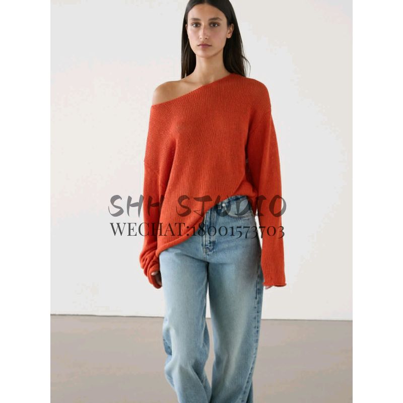 MD Spring Red New Style Sweaters Women's Clothing Loose and Idle Lightweight Boat Neck Long Sleeves T-shirt Knitwear 5695615