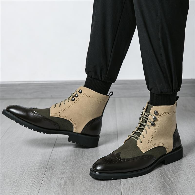 Winter Designer New Men Pointed Mix Colors Patchwork Brogues Ankle Boots Male Casual Luxury Brand High-top Shoes Zapatos Hombre
