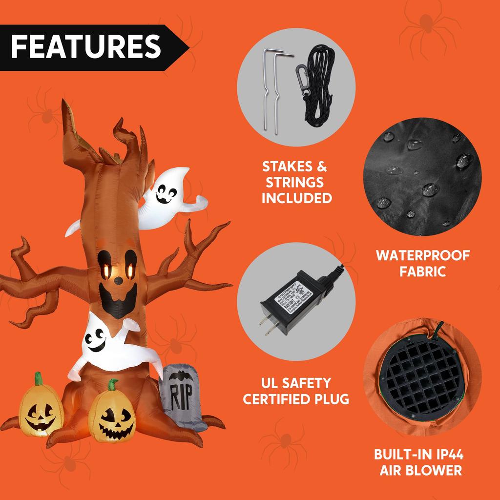 Joyfy 8 FT Halloween Inflatable Scary Tree Halloween Tree with Ghost and Build-in LEDs Blow Up Yard Halloween Inflatables