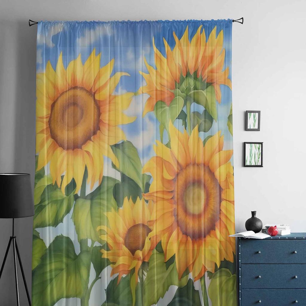 Flower Illustration Sunflowers Summer Retro Tulle Window Curtains for Bedroom Luxury Home Drapes In Living Room Chiffon Panels