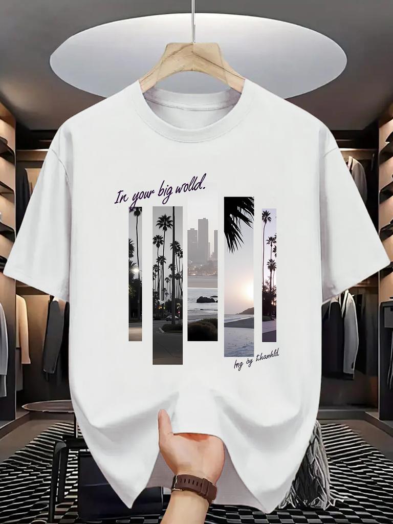 Men's Summer 100 Cotton Fashionable Casual Sports Loose Oversized Creative Letter Printed Round Neck Short Sleeved T-shirt Top