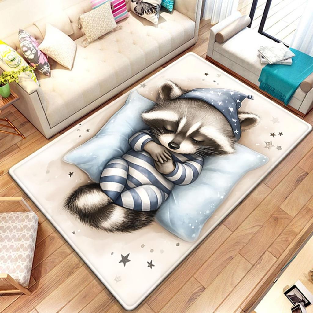 Sleeping Raccoon Inpajamas Rug Cute Animal Cartoon Carpet for Kidsroom Nursery Baby Play Mat Soft Plush Floor Covering Cozydecor