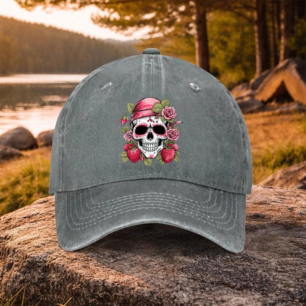 Strawberry Skull Print Baseball Cap Washed Cotton Adjustable Outdoor Casual Snapback Hat for Unisex