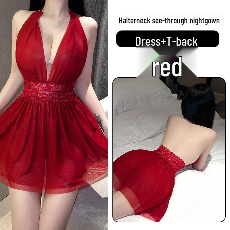 Fan Lei Sexy Deep V Backless Mesh Nightgown Loungewear