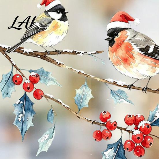 Watercolor Bird Window Stickers Christmas Sticker Santa Hat On Beey Sticker Branch Static Decal Waterproof Cling for Holiday Party Accents