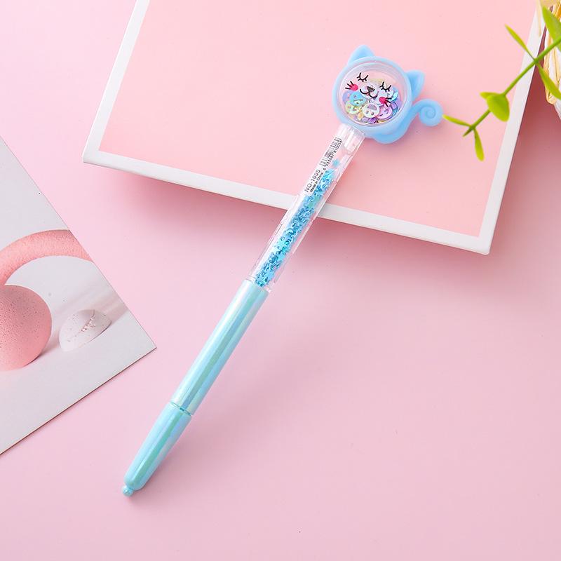 12 Pcs Cute Blue-Barrel Cat Quicksand Ballpoint Pen, Double Sequins Sparkly Writing Pen, Student Daily Writing, Stationery Gifts Office Supplies