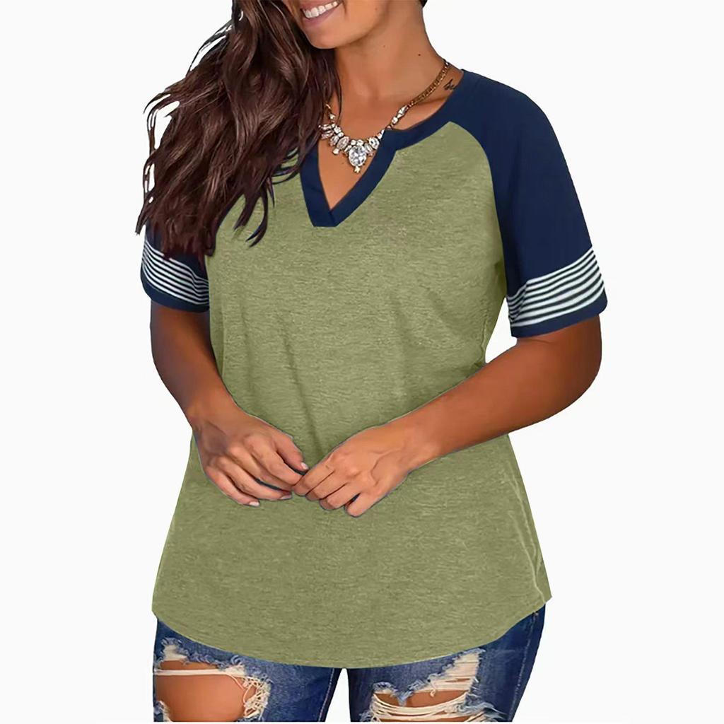 2024 Euro-America V-Neck Color Block Short Sleeve Loose Top