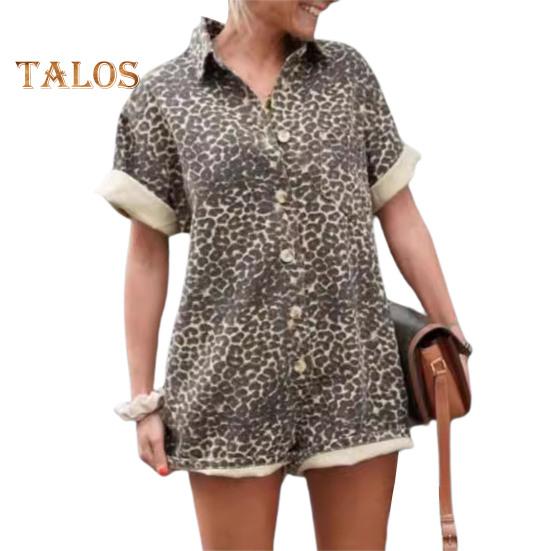 

Женский летний комбинезон с леопардовым принтом, короткими рукавами, отложным воротником и короткими рукавами, однобортный, свободный, короткий комбинезон в стиле отпуска S Leopard Print