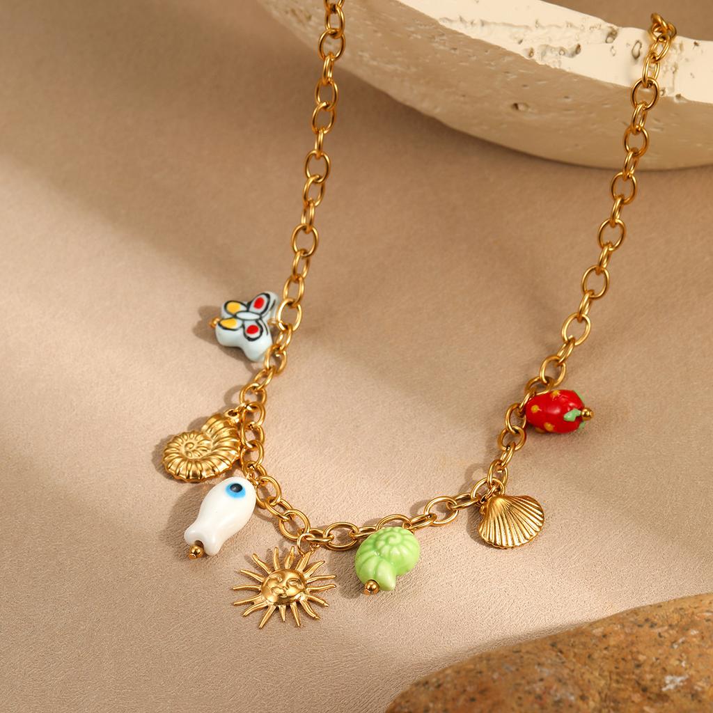 GEMCHIC Women's Ocean Beach Vacation Stainless Steel Necklace with Seashell and Sun Charms
