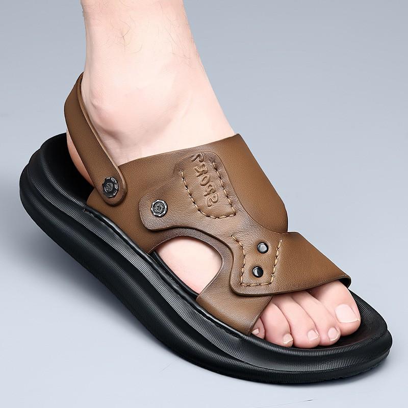 Mens Genuine Leather Slide Sandals Breathable Anti-Slip Outdoor Beach Shoes With Rear Strap