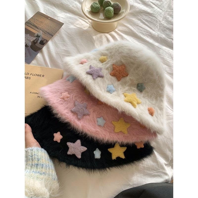 Cute Star Rabbit Plush Bucket Hat Girls Autumn and Winter Warm Plain Hat Sweet Washbasin Hat