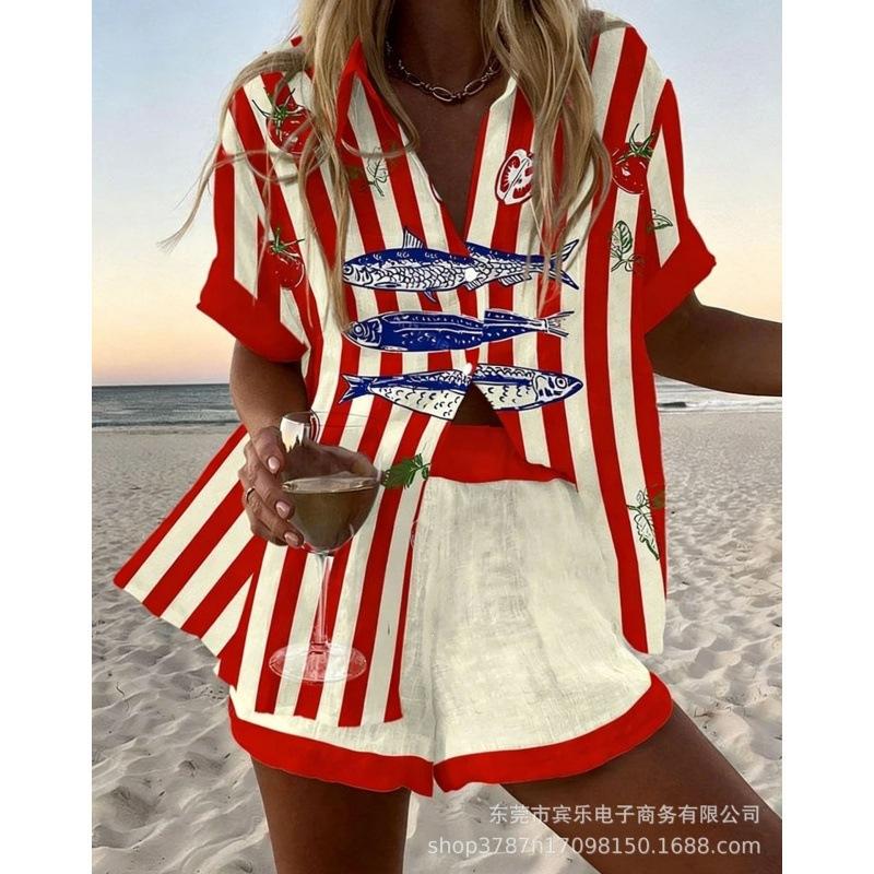 Conjunto de pantalones cortos de playa y camisa de manga corta para mujer, multicolor, vida marina, ocio, vacaciones, conjunto de dos piezas