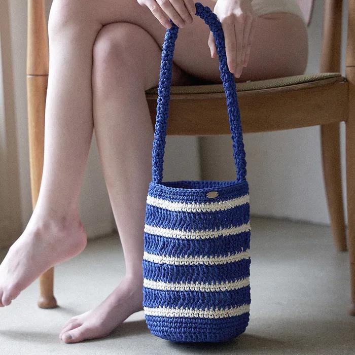Moroccan Handmade Crochet Stripe Bucket Bag _ Cream