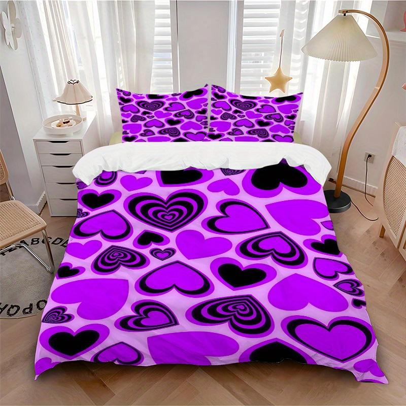 3pcs Purple Heart Pattern Bedding Set, Breathable and Soft, Suitable for All Seasons, Ideal for Home Use, Suitable for Bedroom Decor 21174