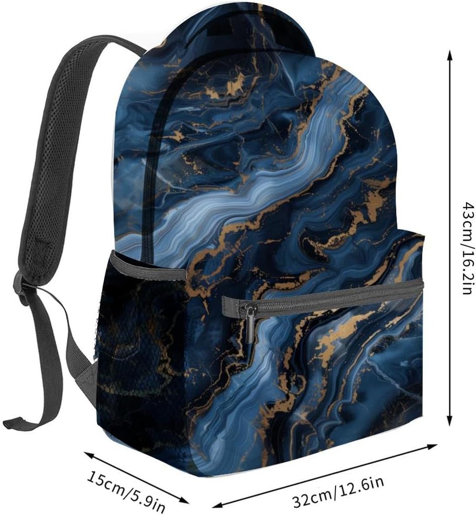 Abstract Marble Backpack,Elegant Blue & Gold Swirl Polyester Backpacks,Lightweight Double Shoulder Back Pack For Adult Teens,Sty