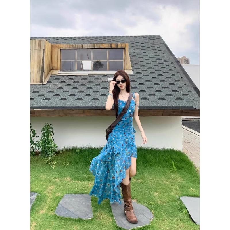 Holiday Style Retro Floral Suspender Dress Women's Summer Design Sense Irregular Long Dress Waist Thin A-shaped Skirt
