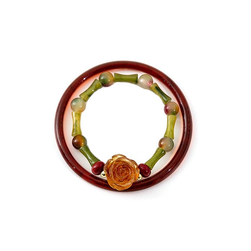 National Style Rose Bracelet Set, Retro Chinese Style Bamboo Joint Beaded Bracelet Cheongsam Accessories Bracelet