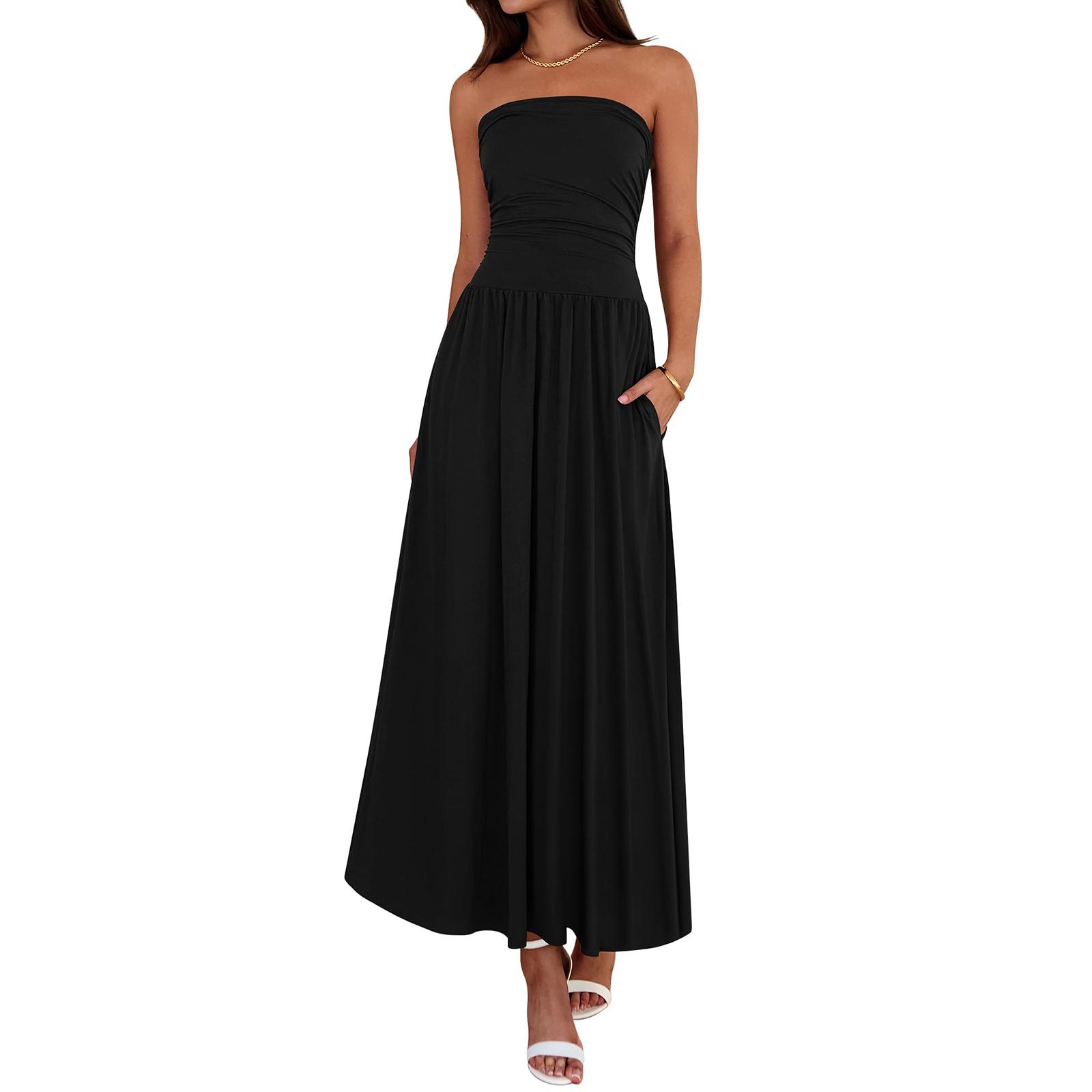 

Летние платья для женщин без бретелек, драпированные, топ-труба, платье для пляжного отдыха, карманы L чёрный