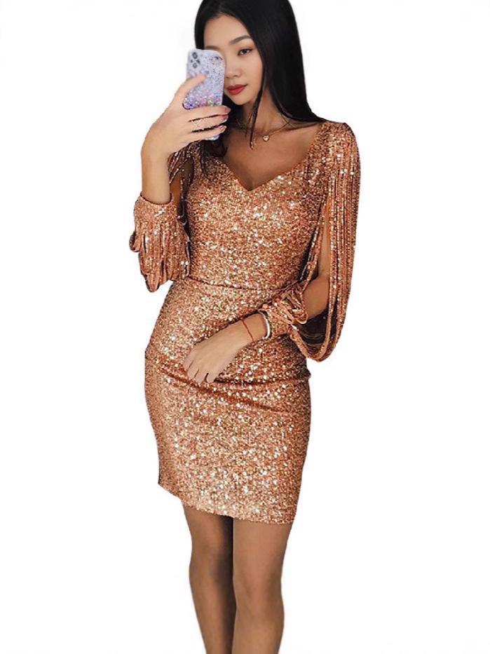 Sequin Tassel Long Sleeve Bodycon Party Dress