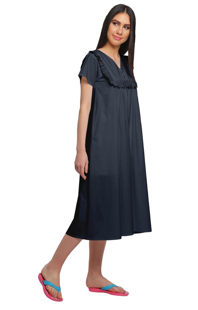 Moomaya Solid Short Sleeve Nightdress For Ladies Button Placket Nightwear