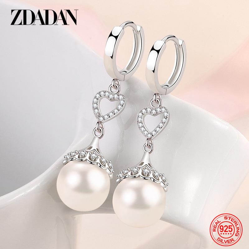 925 Sterling Silver Pearl Heart Dangle Earrings for Women Fashion Wedding Jewelry Gift