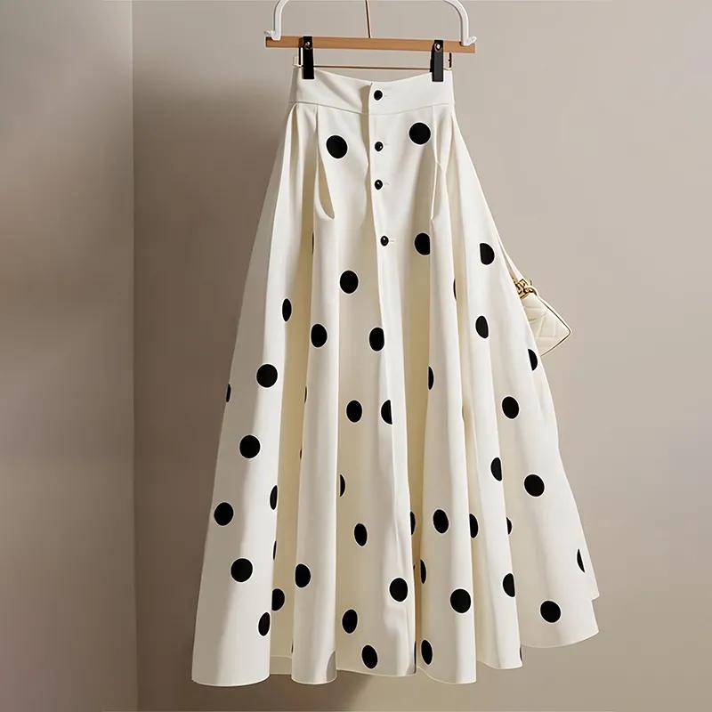 Women High Waist White Polka Dot A-line Skirt Big Swing Loose Vintage Skirt