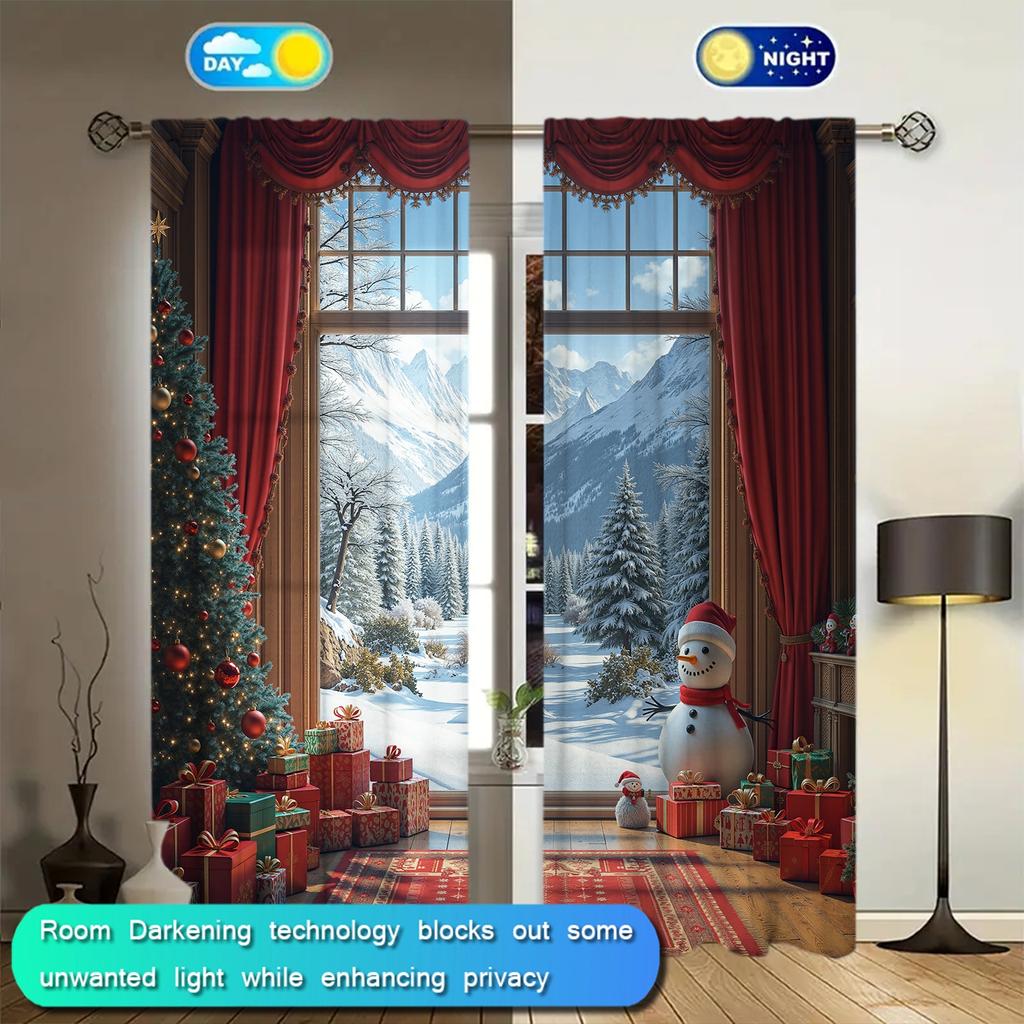 2pcs Christmas Snow Printed Curtain for Christmas Home Decor - Rod Pocket Window Treatment for Bedroom,Office,Kitchen
