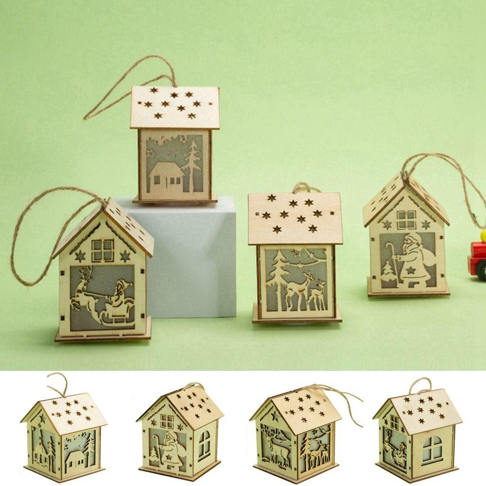 

LED Light Wooden Christmas Cabins Glowing Wood Village House Creative Christmas Tree A