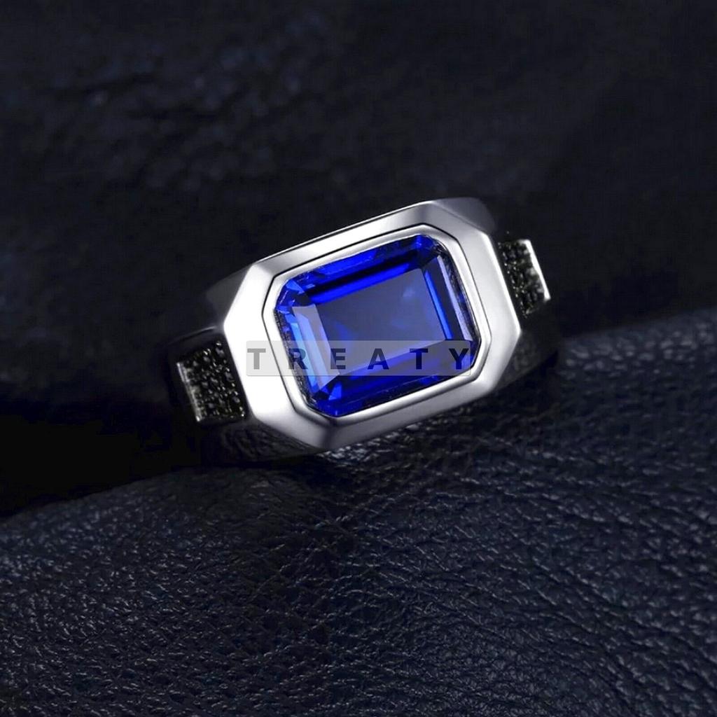 Blue Sapphire Emerald Cut Gemstone With 925 Sterling Silver Ring For Men's #20 JL375718167288