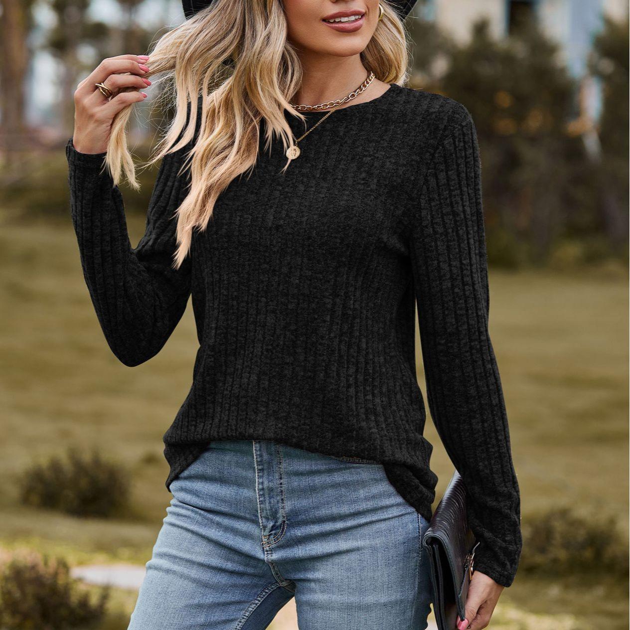 

Осенний женский трикотаж Одежда женская повседневная Круглый вырез Матовый полосатый свитер Однотонный топ Длинный рукав Футболка XXL чёрный