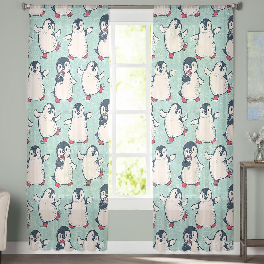 Winter Cartoon Penguin Tulle Curtains For Living Room Bedroom Home Decor Chiffon Sheer Voile Kitchen Curtain