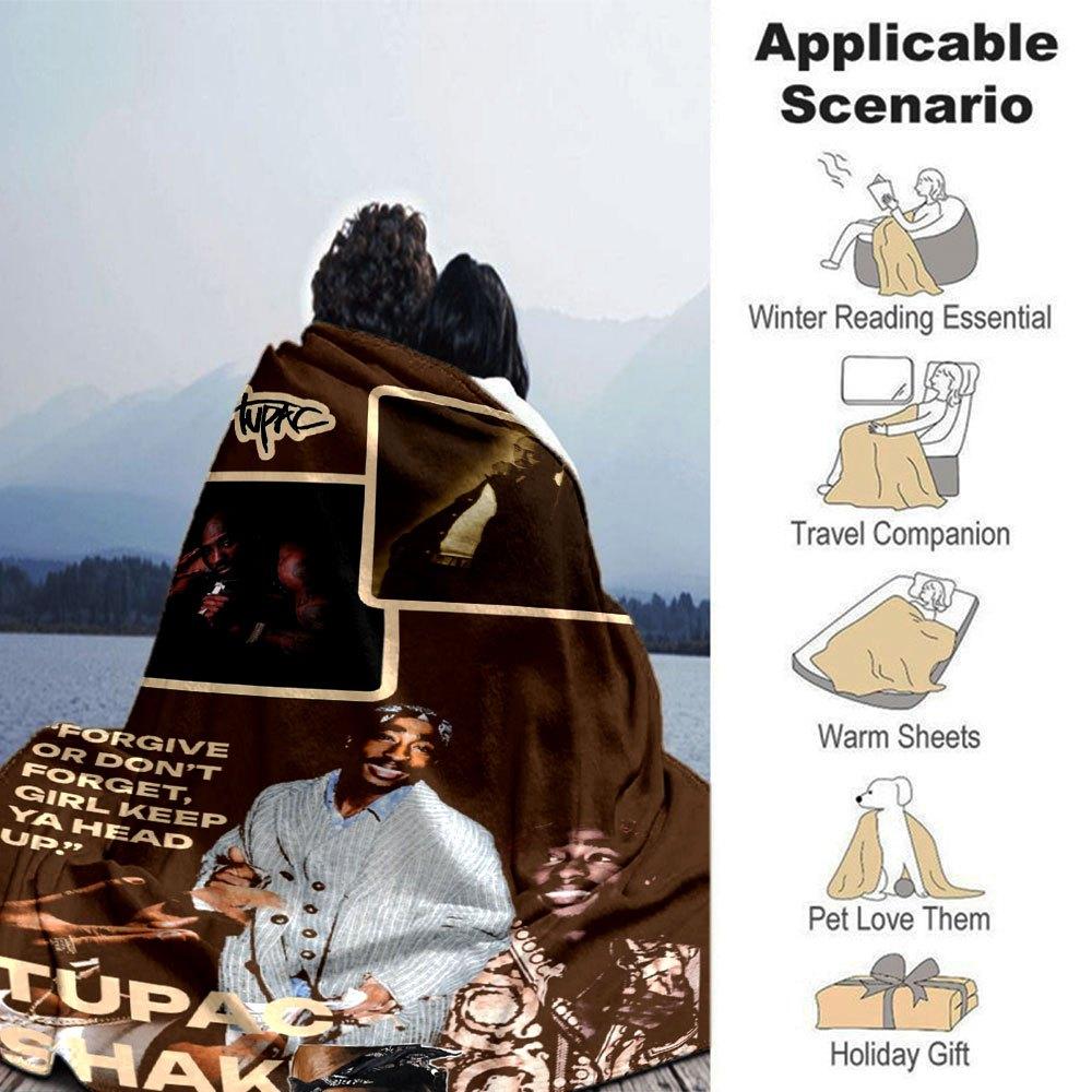 1pc 2PacHip Hop Blanket Soft Lightweight All Season Multi Purpose Throw for Sofa, Bed, Office & Picnics, French Style with Iconic Album Art & Quotes