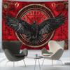 2D Vintage Red Raven Tapestry, Viking Runes Black Crow Wall Hanging