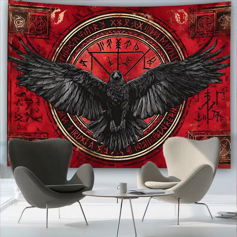 2D Vintage Red Raven Tapestry, Viking Runes Black Crow Wall Hanging