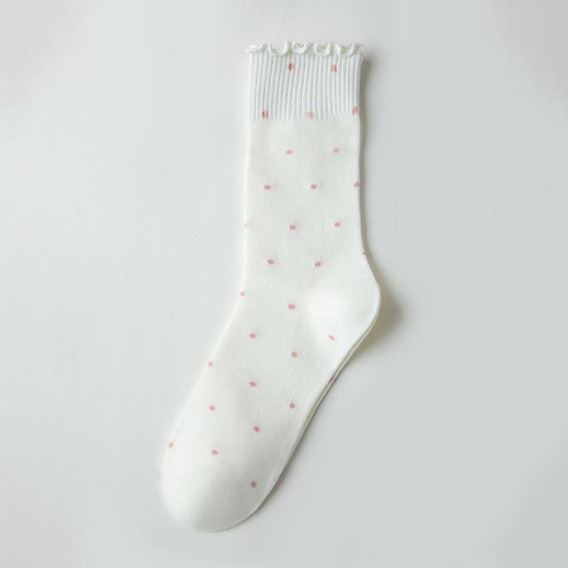 Female Spring and Autumn Style Wooden Ear Edge Polka Dots Cotton Sweet Long Tube Pile Socks