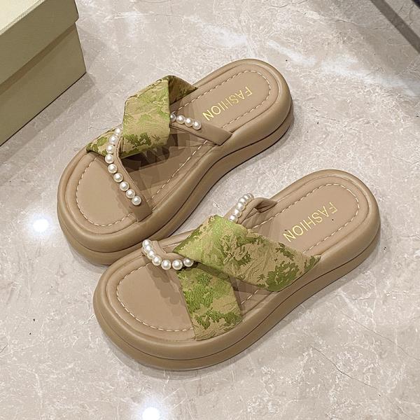 

Модная обувь Женская 2025 Тапочки для бассейна Стринги с бусинами Пантофли Платформа Пляж Лето Новые Шлепанцы Домашние тапочки Платформа Пляж 35