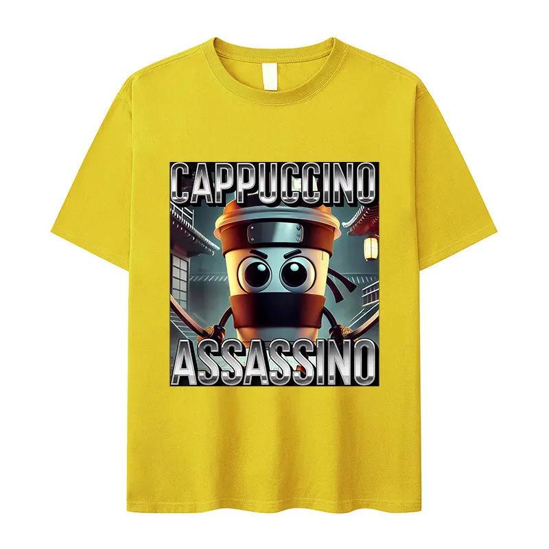 Italian T-shirt Brainrot Interesting Cappuccino Assassin Meme Men Kawaii Women Short-sleeved men summer 100% cotton T-shirt