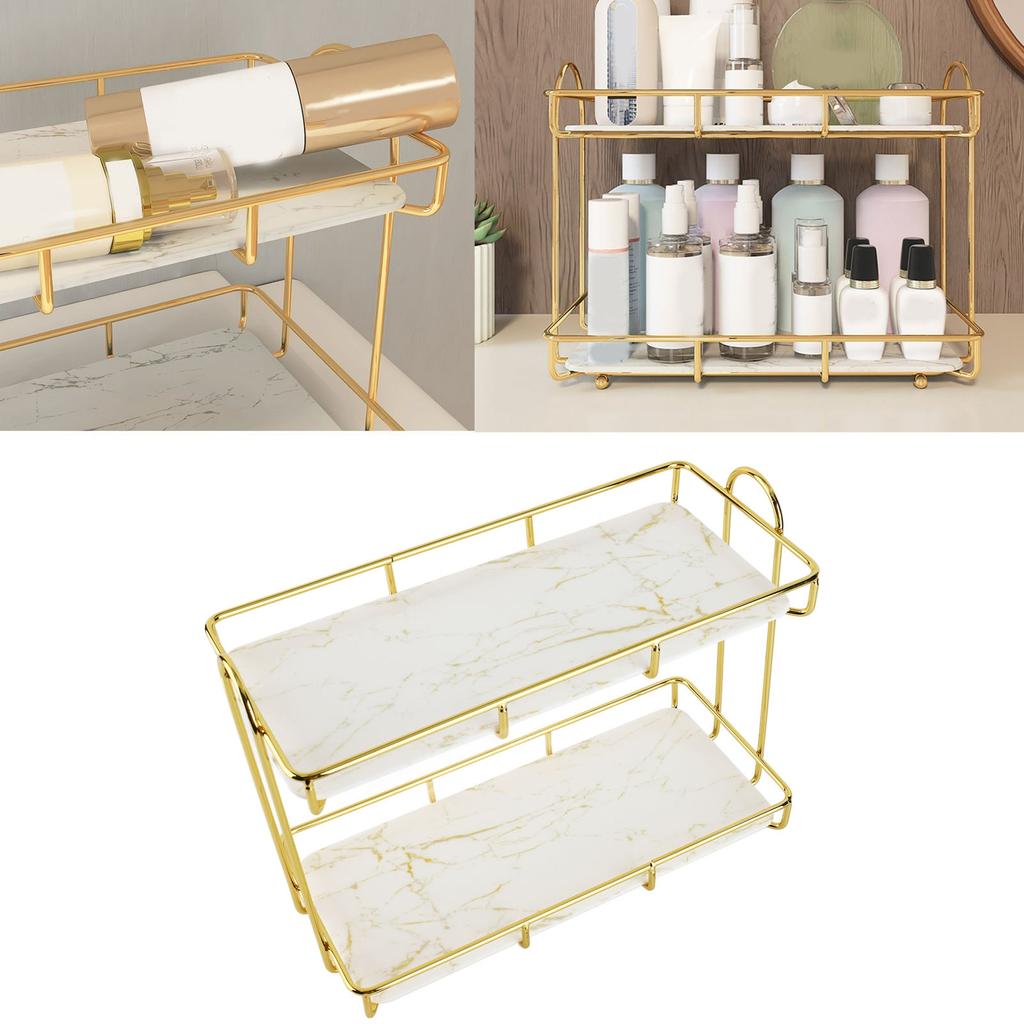 Badezimmer-Aufbewahrungsregal Gold Weiß 2 Etagen Make-up-Regal Humanisierte Struktur Anti-Rutsch-Arbeitsplatte