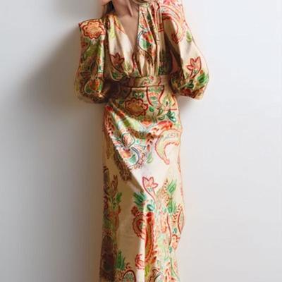 Spring Women's Ethnic V-Neck Long Sleeve Waist Slimming Design A-line Dresses