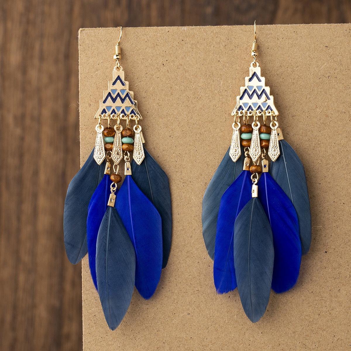 

Bohemian Natural Feather Tassel Earrings Tribal Geometric Metal Charm Lightweight Dangle Earrings for Women and Girls One Size