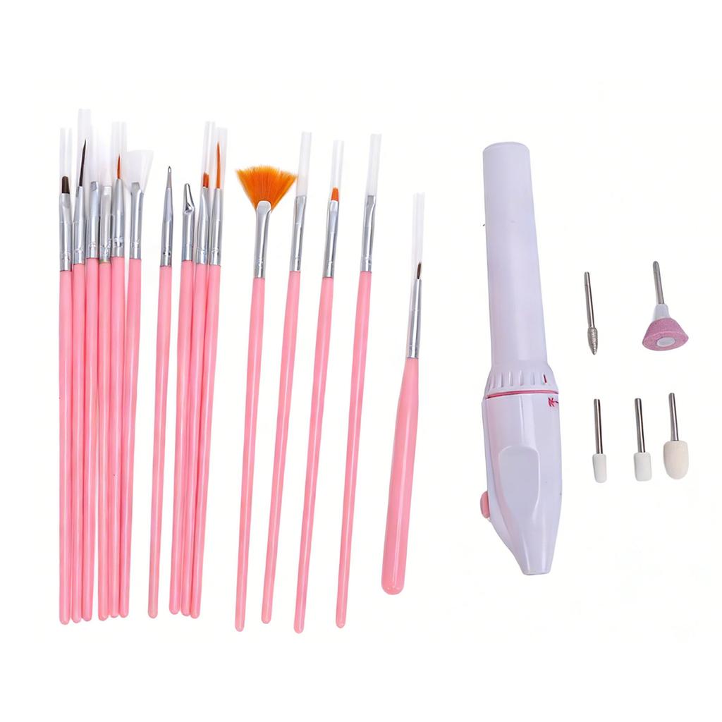 Electric Manicure Nail Drill Battery Powered File Grinder with 5 Drill Bits 15pcs Nail Art Brushes Set for DIY