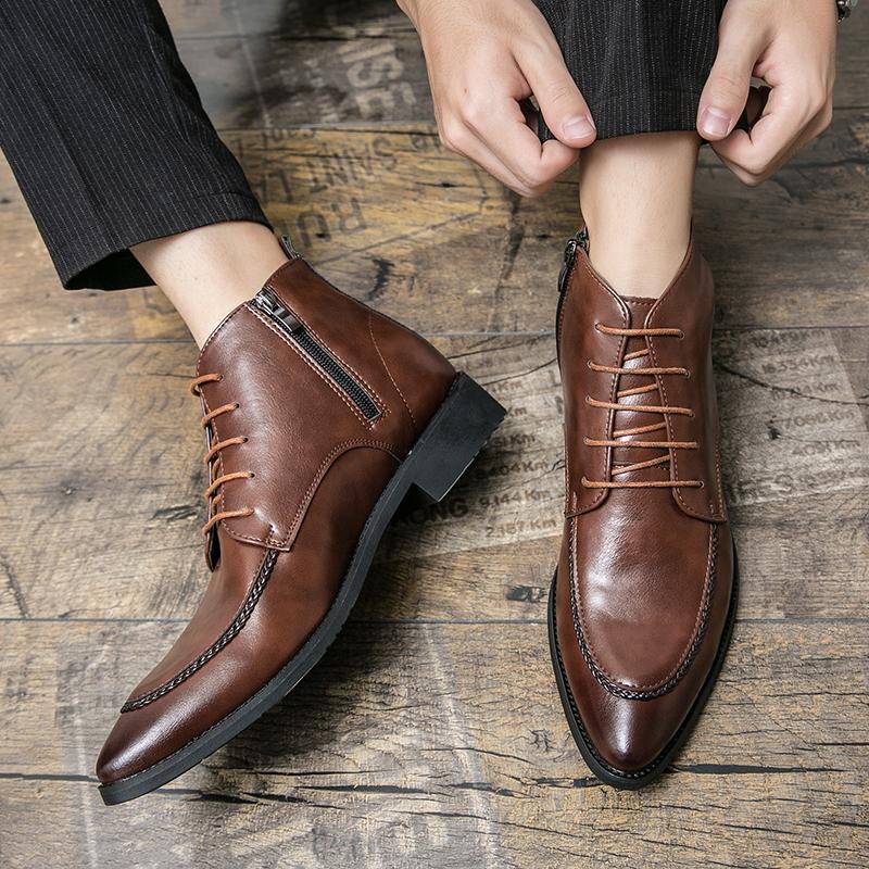 Fashion Brand Men Boots Spring Autumn Casual Elegant Leather Boots Dress Business Side Zipper Chelsea Pointed Ankle Boots Men Large Size