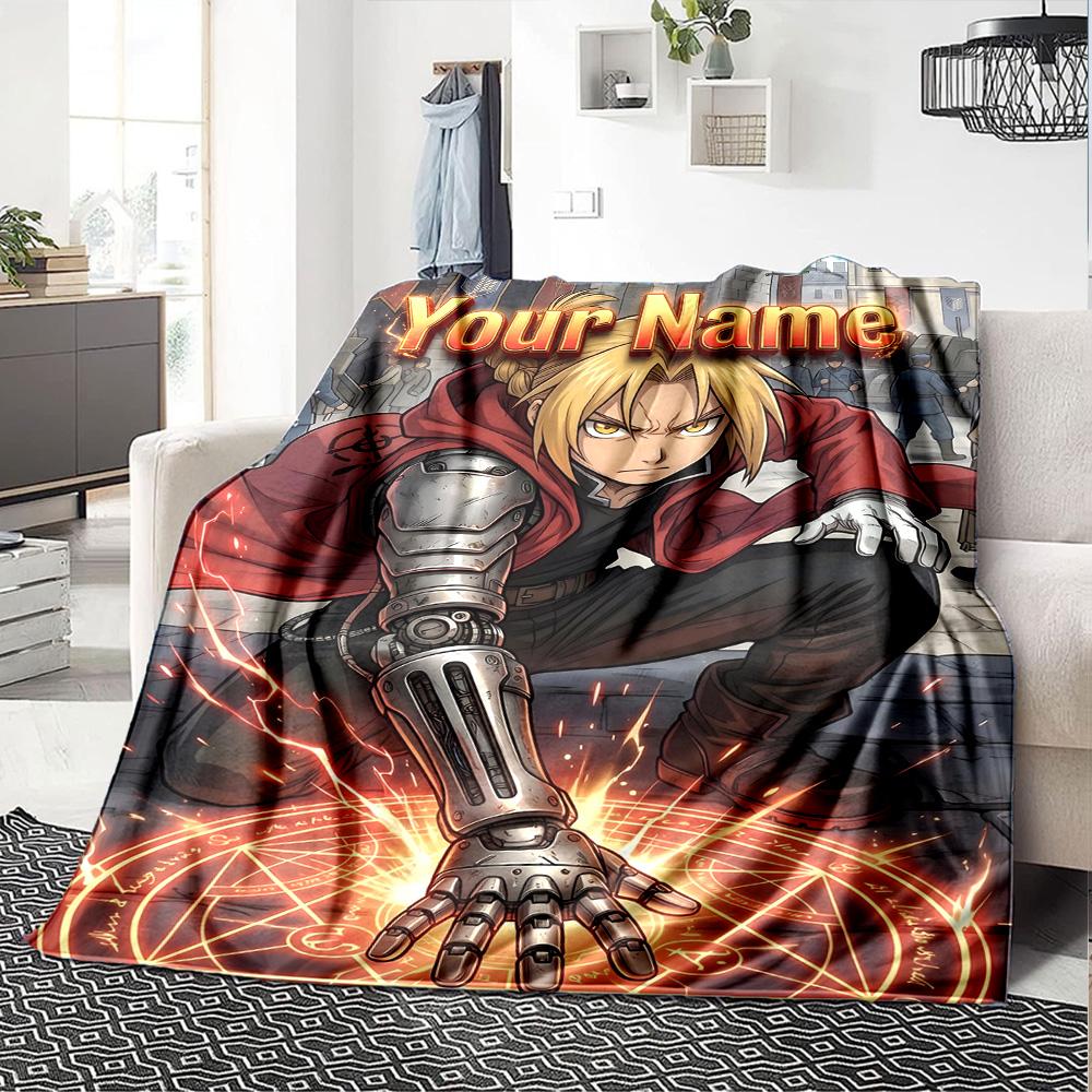 1pc Fullmetal Alchemist Blanket with Custom Name, Gift, for Men and Women, Soft Blanket, Good for Sofa Bed Couch Travel, Lightweight Flannel Blanket