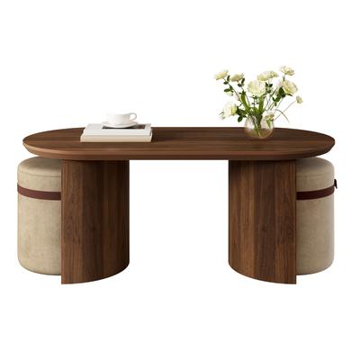 Salontafelset met 2 krukjes, Ovalen Salontafel, MDF, Gestoffeerd Krukje, Rond, Moderne Banktafel Bijzettafel Loungetafel