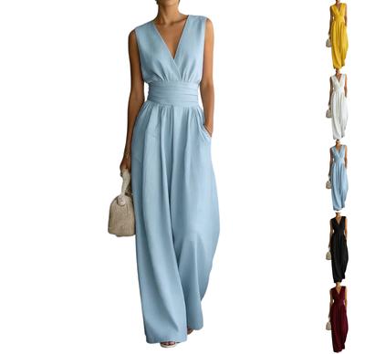 Women's Wide-leg Elegant Waist-cinching V-neck Jumpsuit