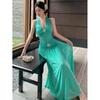 Neck bead dress women's lake green backless strap waist and thin new seaside vacation beach dress