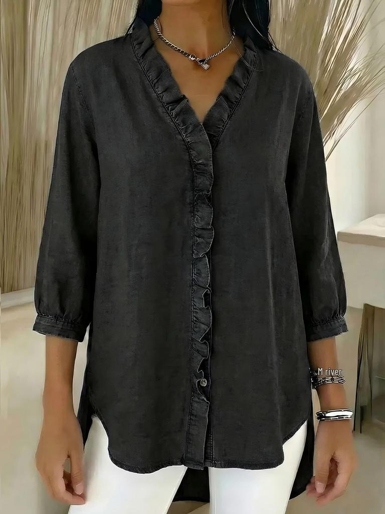 2026 Spring/Summer Women's Casual Faux Denim V-neck Ruffle Top