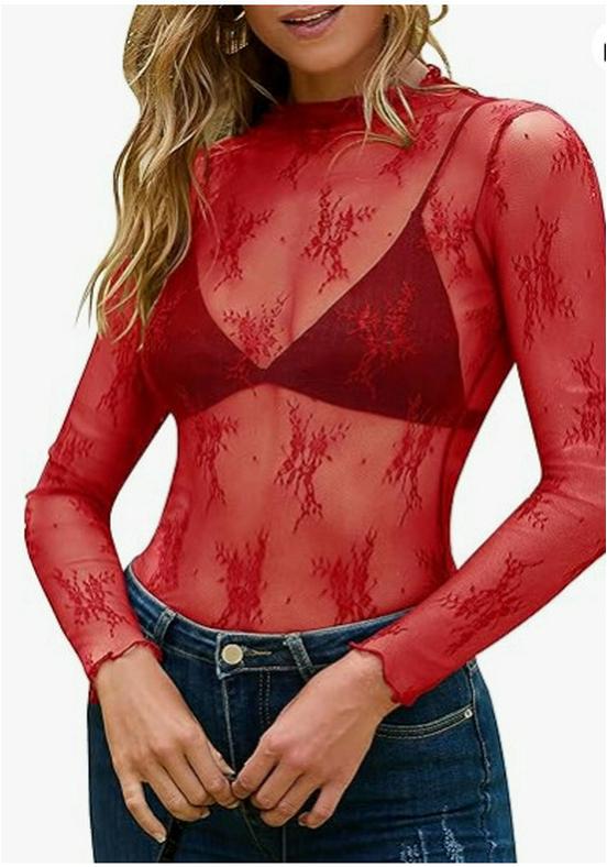 Women's Mesh Lace Layered Stand Collar See-through Top.